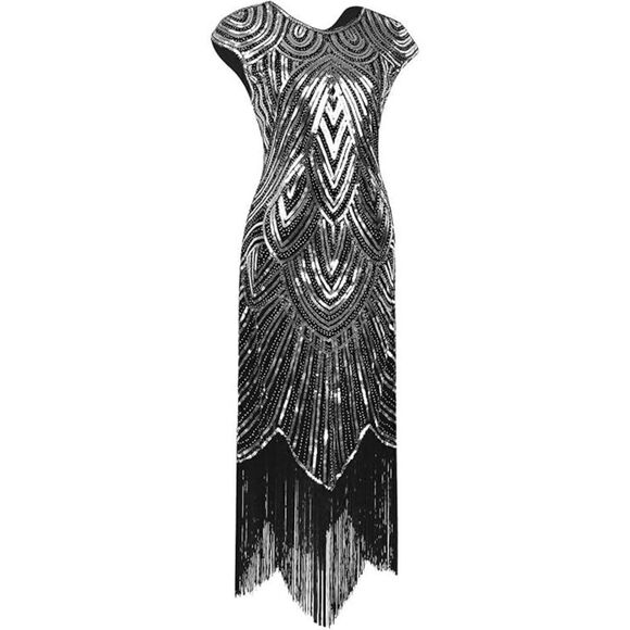 ✨ Flapper Great Gatsby Roaring 1920s Retro Tassel Fringe Silver Sequin Dress NEW - Picture 15 of 17